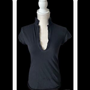 LINQ | S | Raw Hem Black Plunge V Neck Stretch Short Sleeve Polo Top NWOT